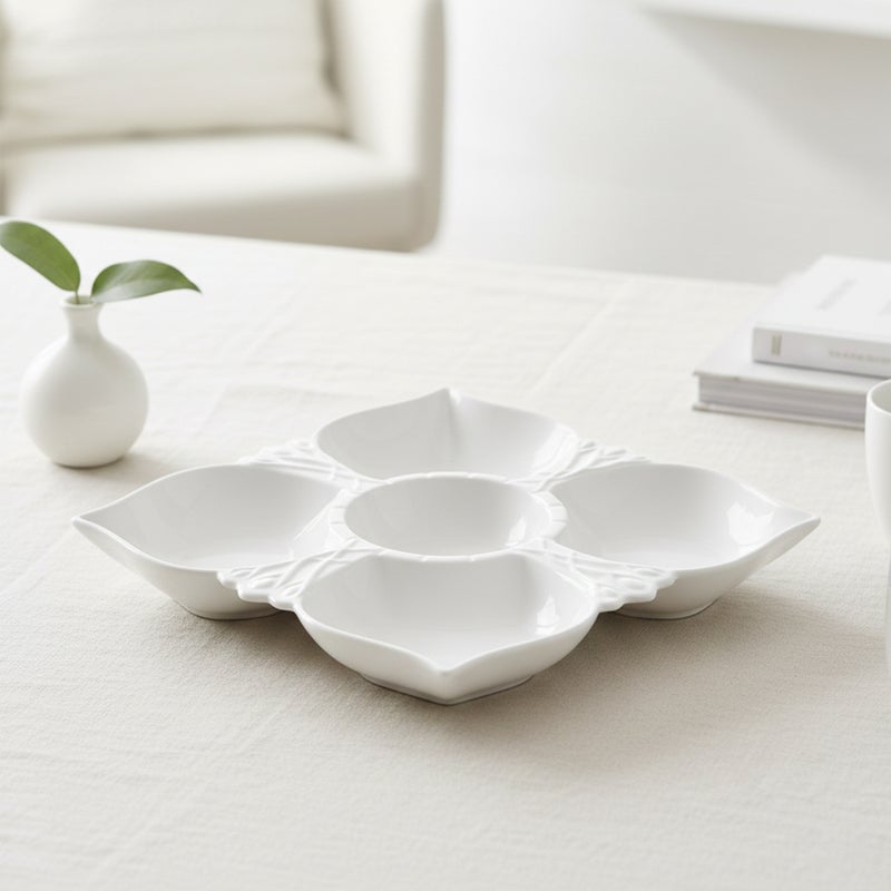 شالو طبق تقديم مسطح من البورسلين بخمسة أقسام - 31 سم، أبيض، مصنوع من البورسلين الصيني الفاخر، مثالي للضيافة الأنيقة والاستخدام اليومي وشهر رمضان وعيد الفطر وعيد ديوالي والمناسبات الاحتفالية. - Image 3